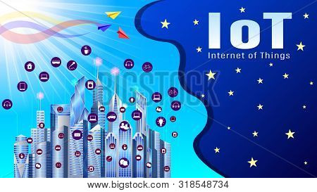 Iot, Smart City, Internet Of Things. Modern City With Skyscrapers In Icons For Smart Technologies. N