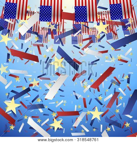 Usa Flags Holliday. Festive American Flags And Falling Confetti On A Blue Sky Background. Vector Ill