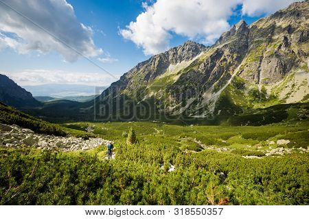 Tourist Going To Rysy Tatra Mountains