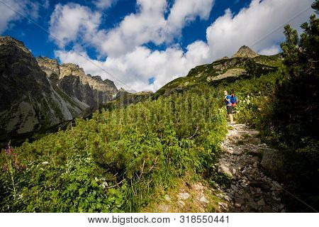Tourist Going To Rysy Tatra Mountains