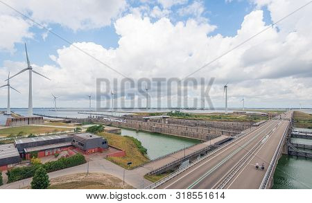 Krammer Wind Farm And Western Entrance Krammer Lock Complex Between The Fresh Water Of The Volkerak 