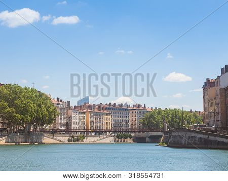 Panorama Of Saone River And The Quais De Saone Riverbank In Lyon