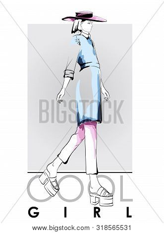 Beautiful Young Women In A Wide-brimmed Hat And Blue Jacket. Hand Drawn Fashion Girl. Fashion Model