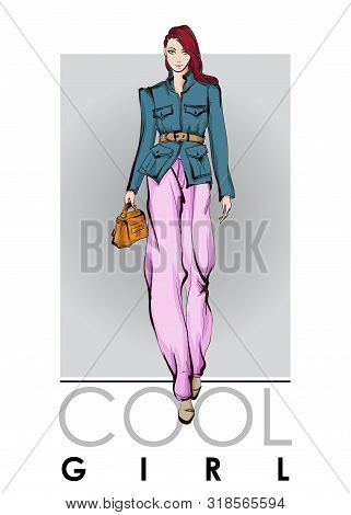 Beautiful Young Women In A Pink Trousers. Hand Drawn Fashion Girl. Fashion Model Posing. Sketch. Vec