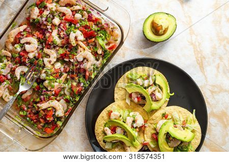 Shrimp Ceviche, Made With Fresh Ingredients, Served With Tostad