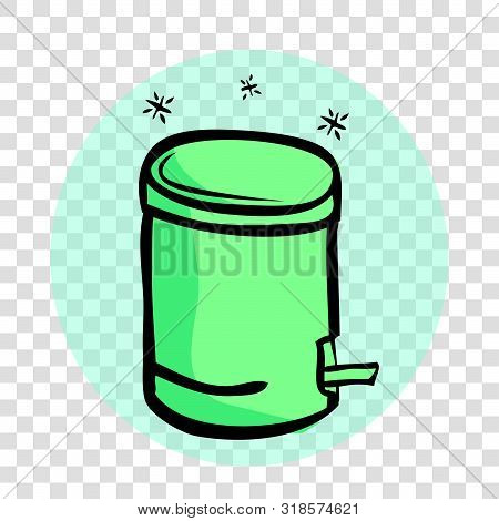 Vector Light Green Hand Draw Sketch Of Sparkling Closed Clean And Tidy Trash Bin, With Blue Abstract
