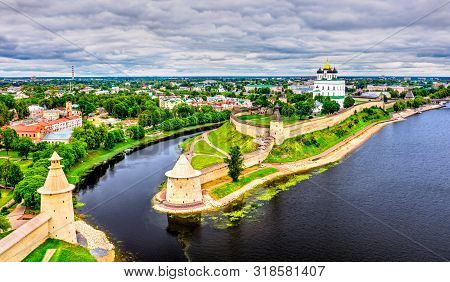 Aerial View Of The Pskov Krom With The Velikaya River In Russia