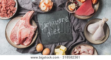 Selection Food For Carnivore Diet. Seafood, Meat, Megs And Fat. Zero Carbs Diet Concept