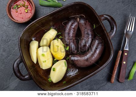 Chilean Bloody Sausages Prieta With Potatoes And Sauce, Top View
