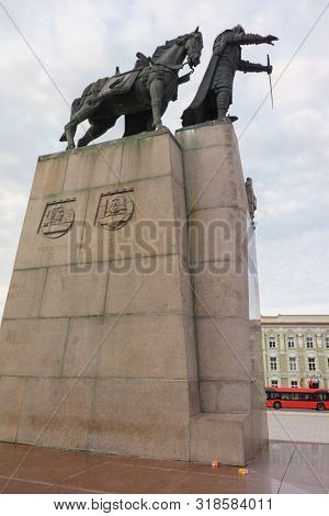 VILNIUS, LITHUANIA - JULY 30, 2019: Monument to Grand Duke Gediminas the Founder of Vilnius and Trakai, Artist Vytautas Kasuba, 1996