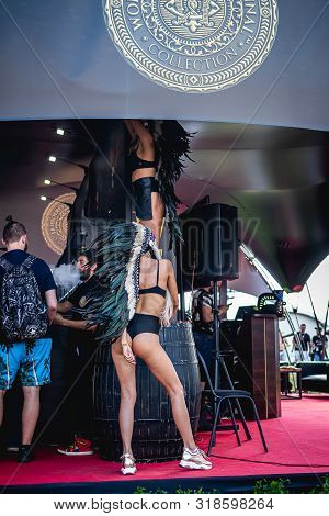 Moscow, Russia - July 27, 2019: Go Go Dance Outdoor. Young And Sexy Woman At Johncalliano Hookah Fes