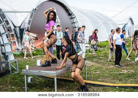 Moscow, Russia - July 27, 2019: Go Go Dance Outdoor. Young And Sexy Woman At Johncalliano Hookah Fes