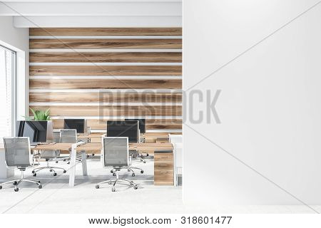 Modern Wooden Office With Mock Up Wall