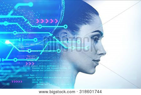 Side View Of Beautiful Young Woman With Double Exposure Of Planet Hologram, Circuits And Lines Of Co