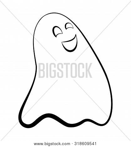 Contour Ghost On A White Background. Cute Black Outline Ghost. Character For Decorating The Hallowee