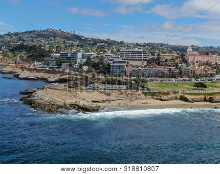 Aerial View Of La Jolla Cove, Small Picturesque Cove And Beach Surrounded By Cliffs, San Diego, Cali