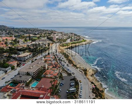 Aerial View Of La Jolla Cove, Small Picturesque Cove And Beach Surrounded By Cliffs, San Diego, Cali
