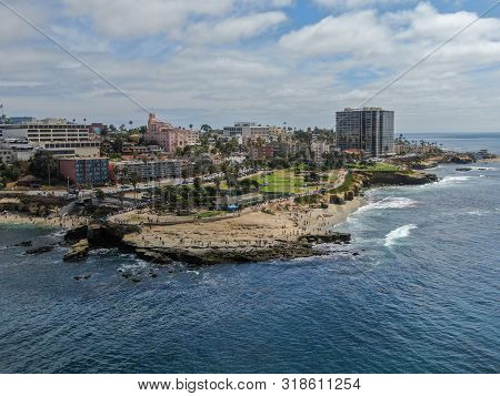 Aerial View Of La Jolla Cove, Small Picturesque Cove And Beach Surrounded By Cliffs, San Diego, Cali