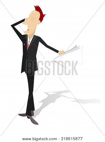 Upset And Tired Man Isolated Illustrationю Upset And Tired Man Holds Papers And Puts Hand On The Hea