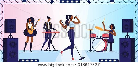 Talent Show Or Girls Music Band Concert On Stage. Female Artists Performing On Scene With Musical En