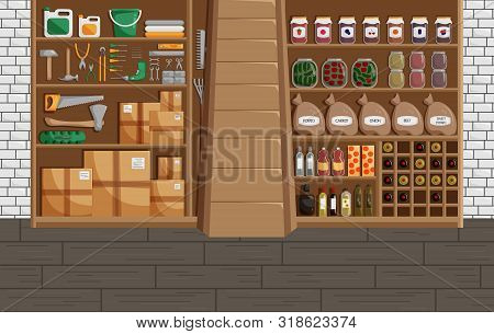 Vector Illustration Of Basement In Flat Style. Classic Concept Of Cellar With Canned Food, Wine And 