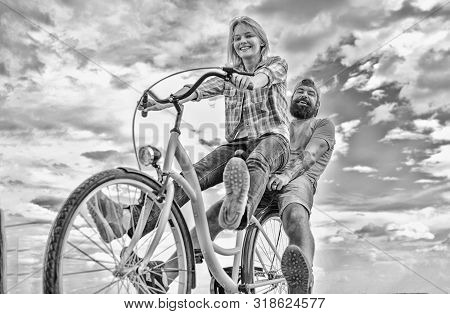 Bike Rental Or Bike Hire For Short Periods Of Time. Couple With Bicycle Romantic Date Sky Background