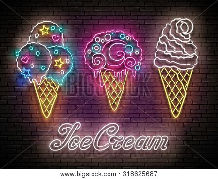 Vintage Glow Poster With Different Ice Cream In Waffle Cones And Inscription. Neon Lettering. Templa