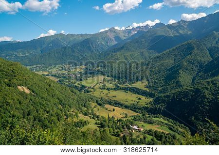Beautiful View Of Small Village And High Mountains In Upper Svaneti, Georgia.