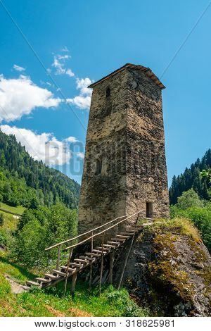 The Medieval Svan Love Tower On Enguri River, Kala Village, Samegrelo-zemo Svaneti, Georgia.