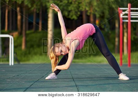 Stretching Danser Or Gymnast Woman Training In Workout Sports Ground