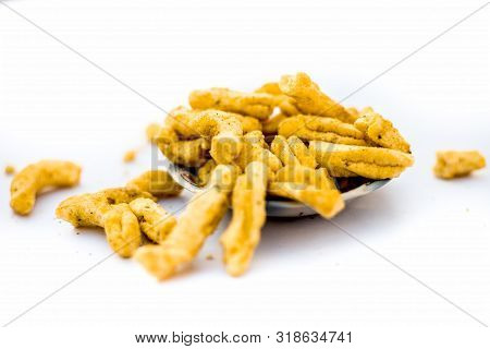 Famous Indian Gujarati Snack Dish In A Glass Bowl Isolated On White I.e. Vanela Gathia Or Vanela Gat