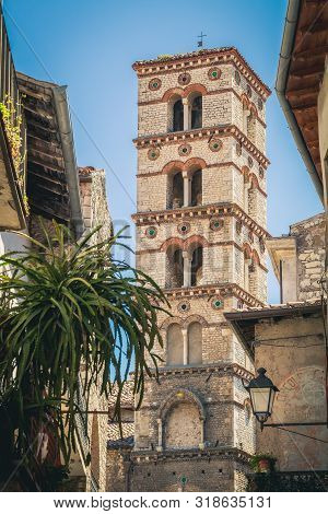 Sermoneta, Italy - March 26, 2017: Bell Tower Of The Cathedral Of Santa Maria Assunta In Sermoneta I