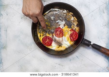 Breakfast With Fried Eggs And Vegetables. Fried Egg Pan. Omelet In The Frypan With Fresh Vegetables