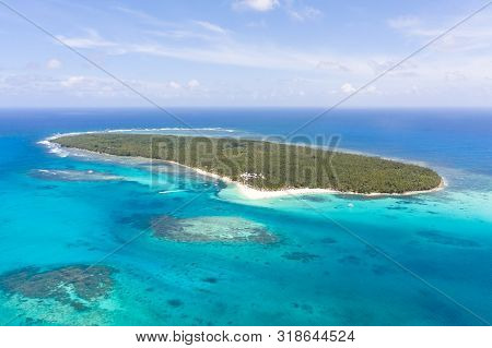 Daco Island, Philippines. Tropical Island With Palm Trees And A White Sandy Beach. Philippine Island