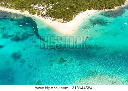 Beautiful Tropical Island In Sunny Weather, View From Above. Daco Island, Philippines. White Sandy B