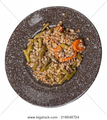 Buckwheat With Green Beans With Garlicand Carrots Isolated On White Background. Diet Breakfast On A 