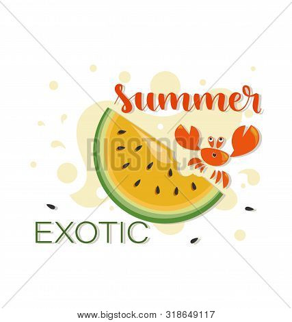Exotic Summer. Yellow Watermelon And Red Crab.  Concept Of The Summer Season. Sliced ​​ripe Yellow W