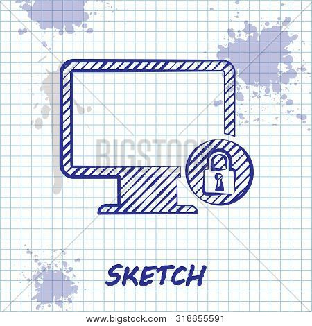 Sketch Line Lock On Computer Monitor Screen Icon Isolated On White Background. Monitor And Padlock. 