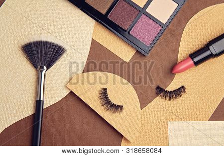 Lipstick, Eyeshadows, Makeup Brush And Falce Lashes. Make Up Artist, Beauty Salon, Beauty Blog Conce