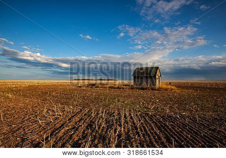 Old Barn And Empty Field After Harvesting In Sunny Day. Panorama Picture With Mowed Wheat Field  Und