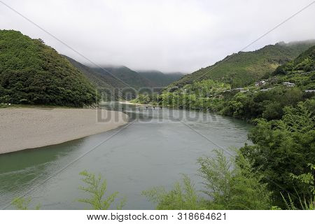 Iwama Low Water Bridge On Shimanto River In Kochi, Japan