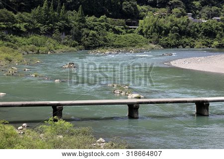 Nagaoi Low Water Bridge On Shimanto River In Kochi, Japan
