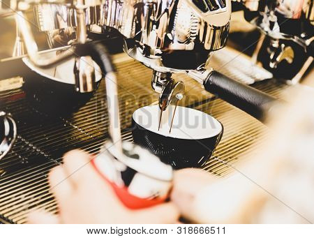 Espresso Machine Brewing A Coffee. Coffee Pouring Into Glasses In Coffee Shop, Espresso Pouring From