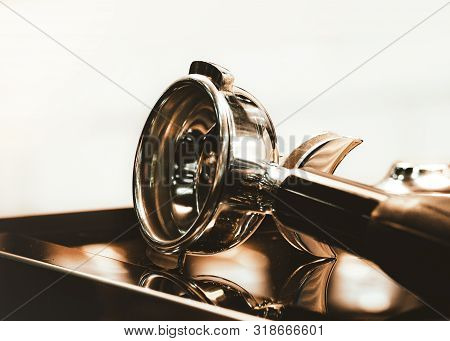 Espresso Machine Brewing A Coffee. Coffee Pouring Into Glasses In Coffee Shop, Espresso Pouring From