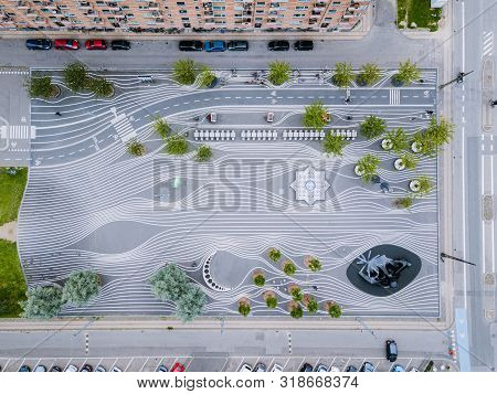 Copenhagen, Denmark - August 23, 2019: Aerial Drone View Of Superkilen Park In Norrebro District. De