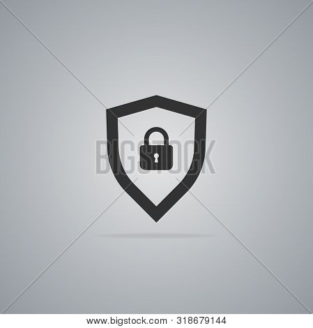 Shield With A Lock Black Icon In Flat Style Isolated On Gray Background. Guard Icon. Vector Illustra