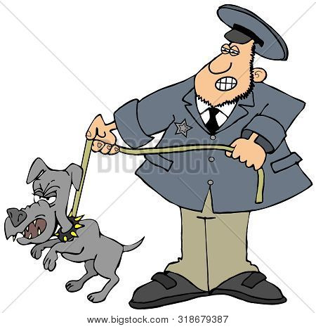 Illustration Of A Man In Uniform Holding Back A Feisty Little Dog On A Leash.