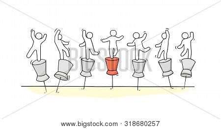 Sketch Of Little People Standing On Push Pins. Doodle Cute Miniature Concept With Office Supplies. H