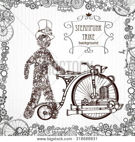 A Mechanical Man In A Cylinder. Victorian Era, Steampunk Style. Template Steampunk Design For Card. 