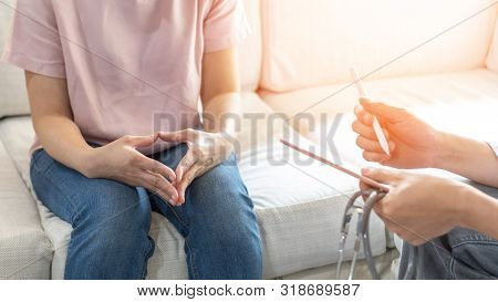 Menopause Woman, Stressful Patient Consulting With Doctor Or Psychiatrist Who Diagnostic Examining O